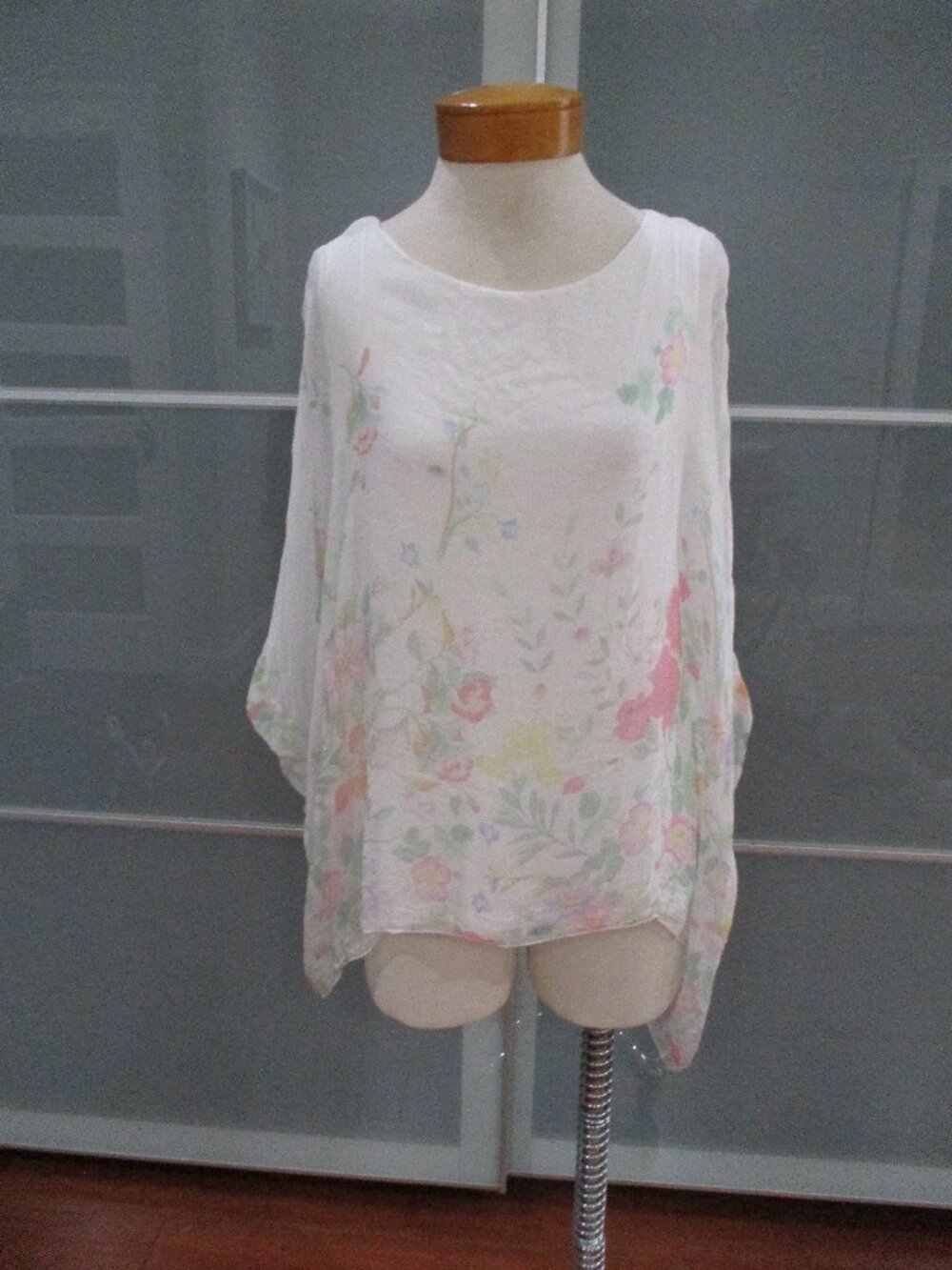 Viola Borghi 100% Silk Sheer Floral Blouse Womens L Boho Lagenlook Top